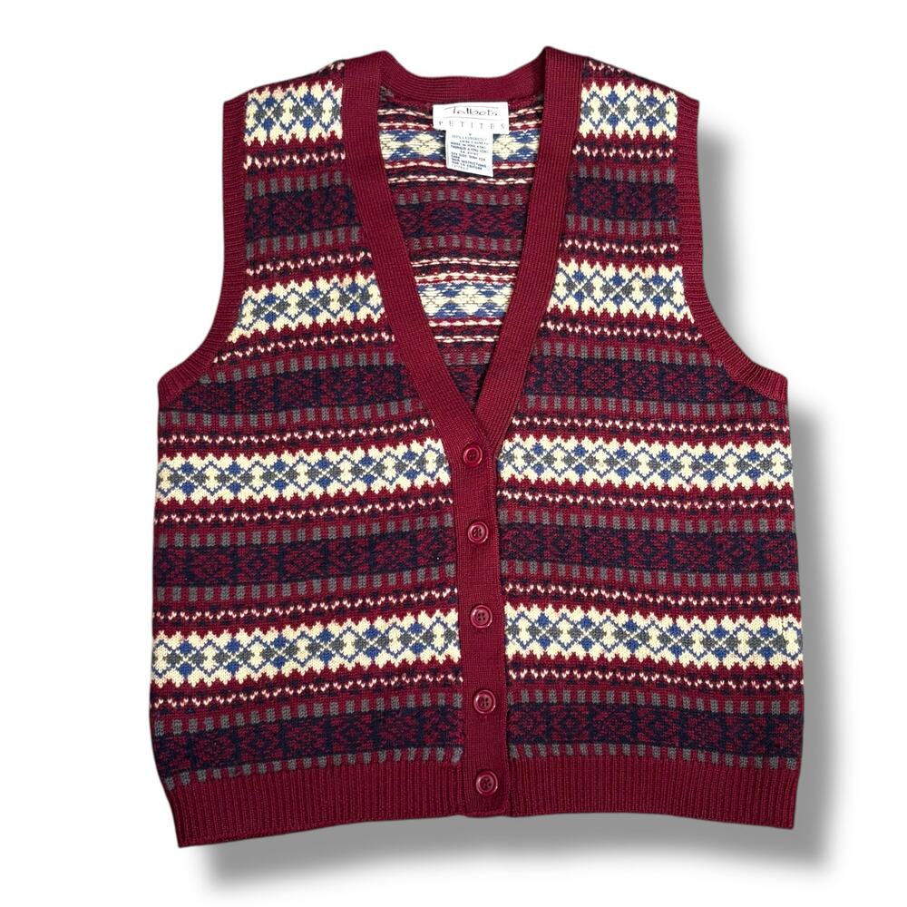 Vintage Talbots Fair Isle Wool Sweater Vest Burgundy Button Front Petite Preppy - Picture 4 of 11